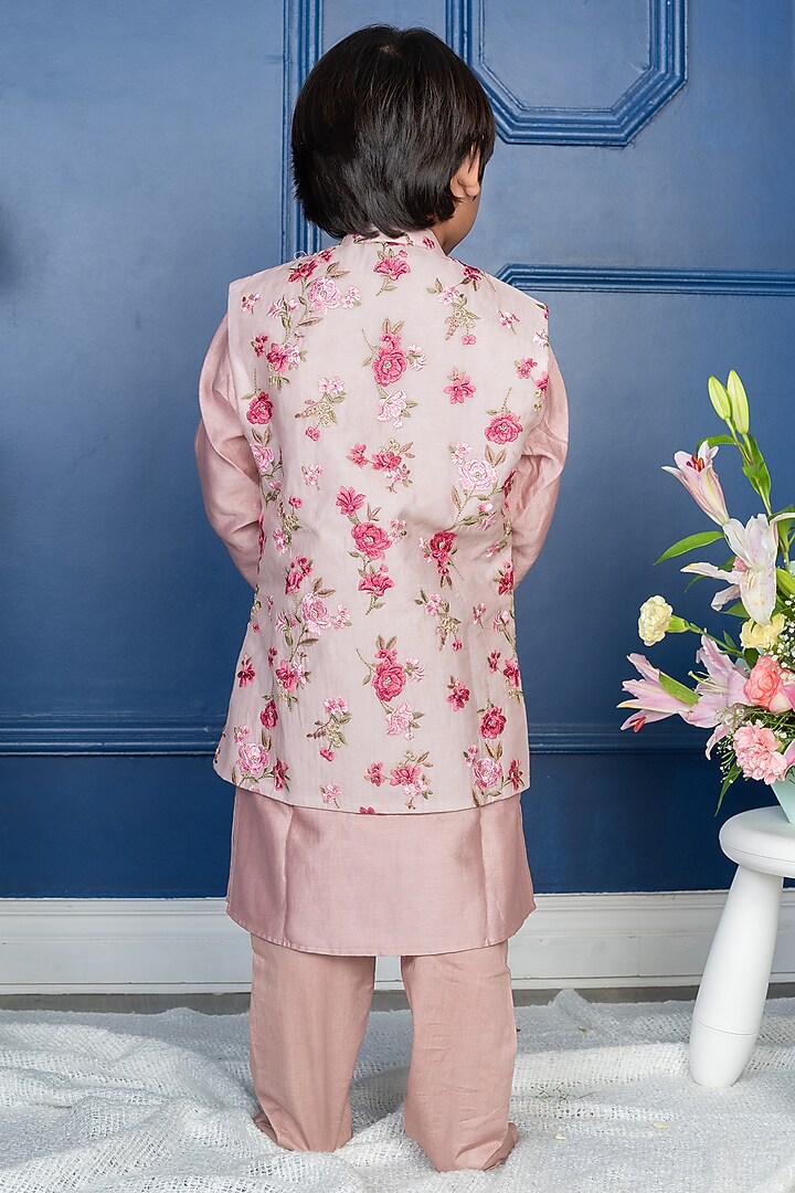 Brown Pure Chanderi Silk Floral Embroidered Nehru Jacket Set For Boys by Kirti Agarwal Pret n Couture at Pernia's Pop Up Shop
