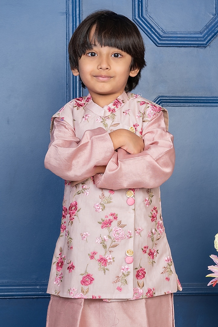 Brown Pure Chanderi Silk Floral Embroidered Nehru Jacket Set For Boys by Kirti Agarwal Pret n Couture at Pernia's Pop Up Shop