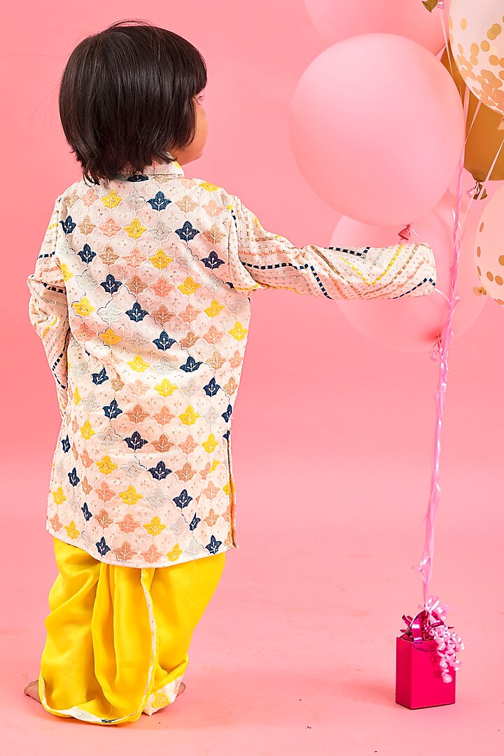 Off-White Satin Silk Thread Embroidered Kurta Set For Boys by Kirti Agarwal Pret n Couture at Pernia's Pop Up Shop