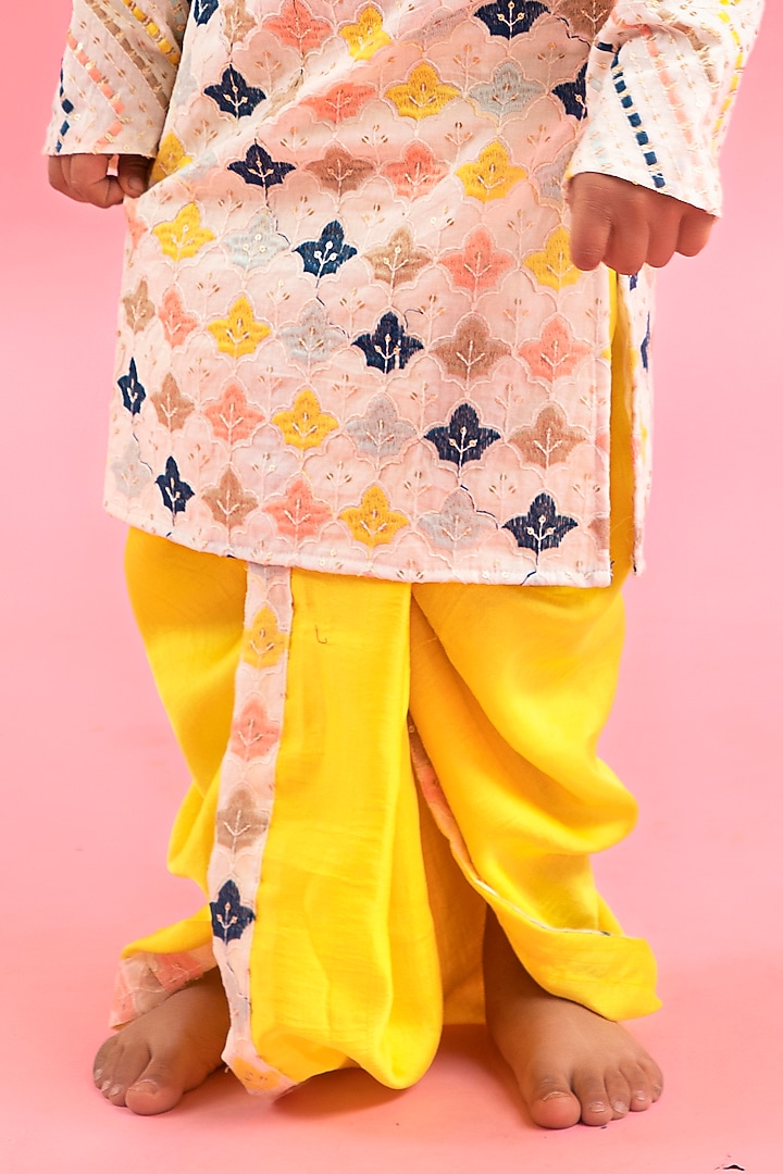 Off-White Satin Silk Thread Embroidered Kurta Set For Boys by Kirti Agarwal Pret n Couture at Pernia's Pop Up Shop