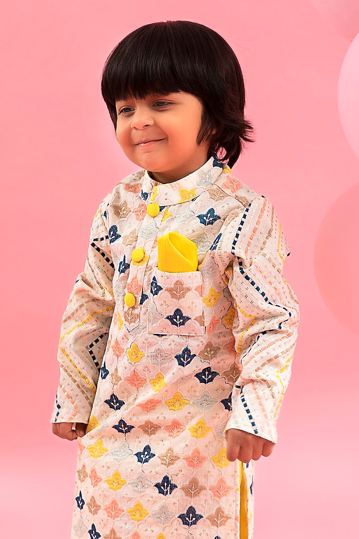 Off-White Satin Silk Thread Embroidered Kurta Set For Boys by Kirti Agarwal Pret n Couture at Pernia's Pop Up Shop