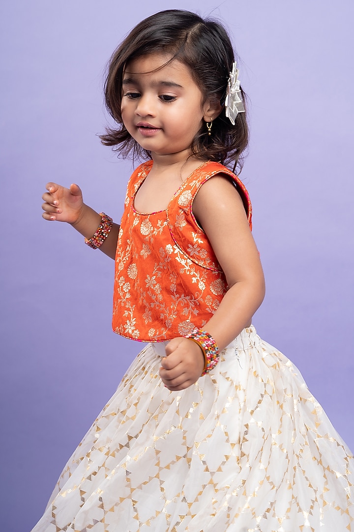 White Chanderi Silk & Silk Embroidered Lehenga Set For Girls For Girls by Kirti Agarwal Pret n Couture at Pernia's Pop Up Shop