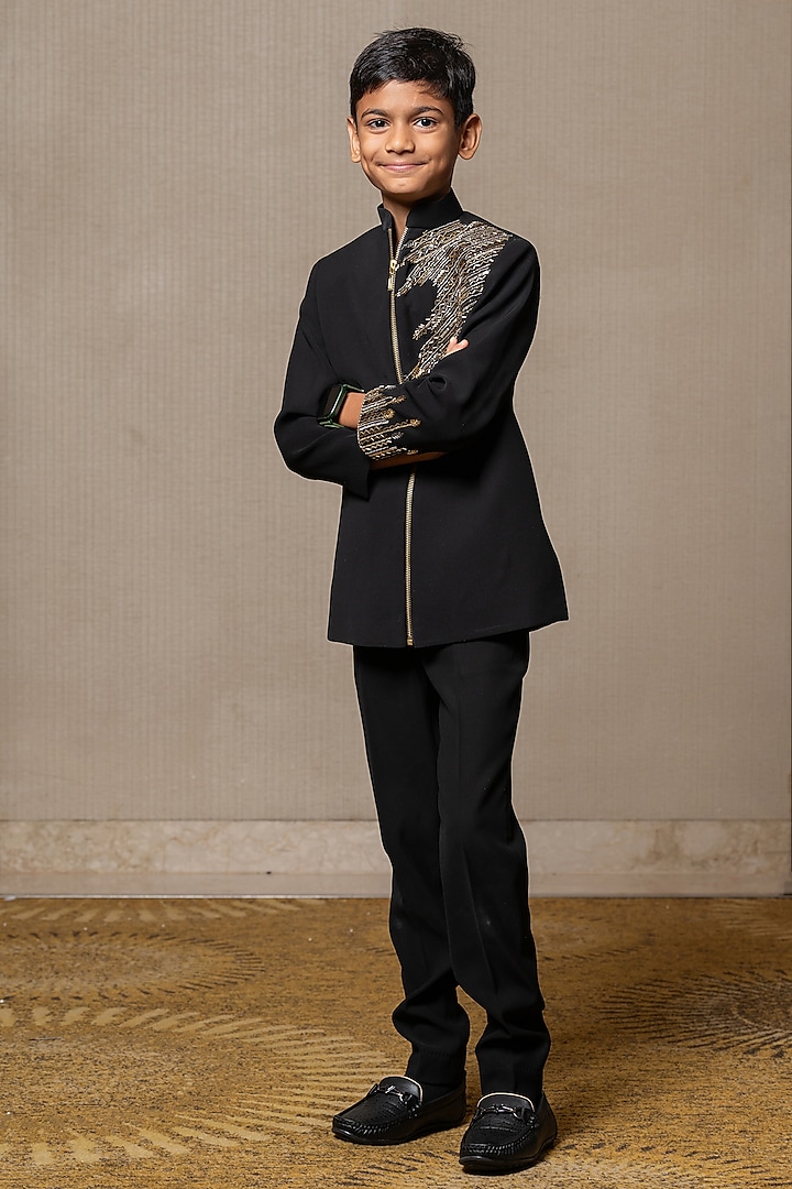 Black Armani Fabric Embroidered Bandhgala Set For Boys by  Kirti Agarwal Pret n Couture