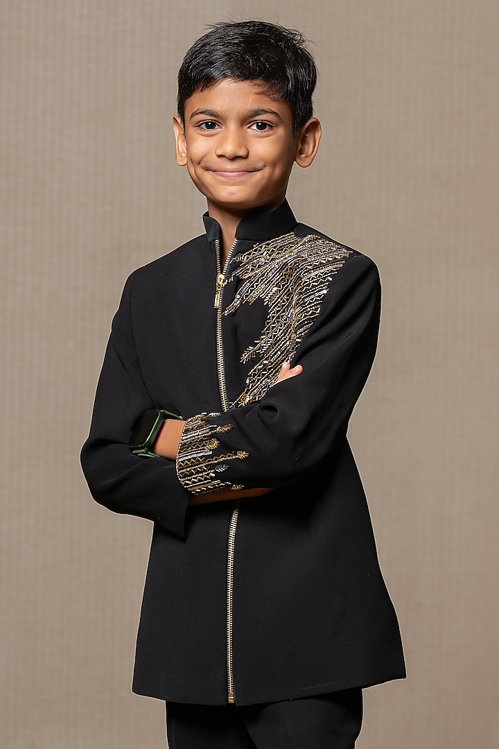 Black Armani Fabric Embroidered Bandhgala Set For Boys by Kirti Agarwal Pret n Couture at Pernia's Pop Up Shop