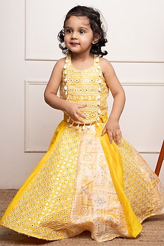 Yellow Embroidered Silk & Art Silk Printed & Embroidered Lehenga Set For Girls by  Kirti Agarwal Pret n Couture
