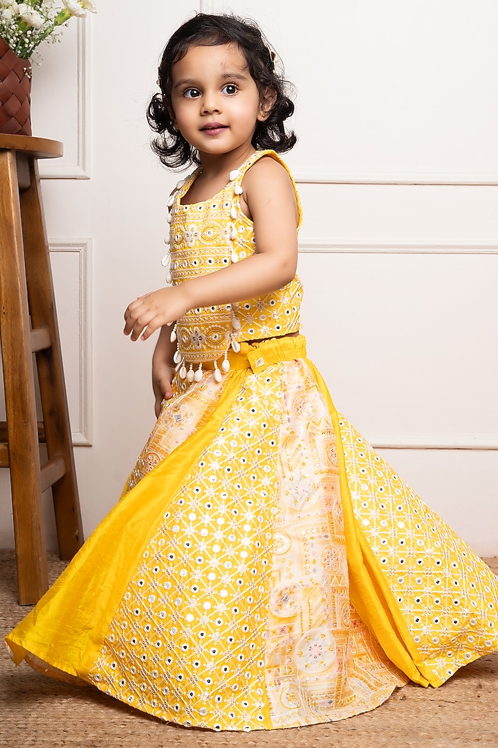 Yellow Embroidered Silk & Art Silk Printed & Embroidered Lehenga Set For Girls by  Kirti Agarwal Pret n Couture at Pernia's Pop Up Shop