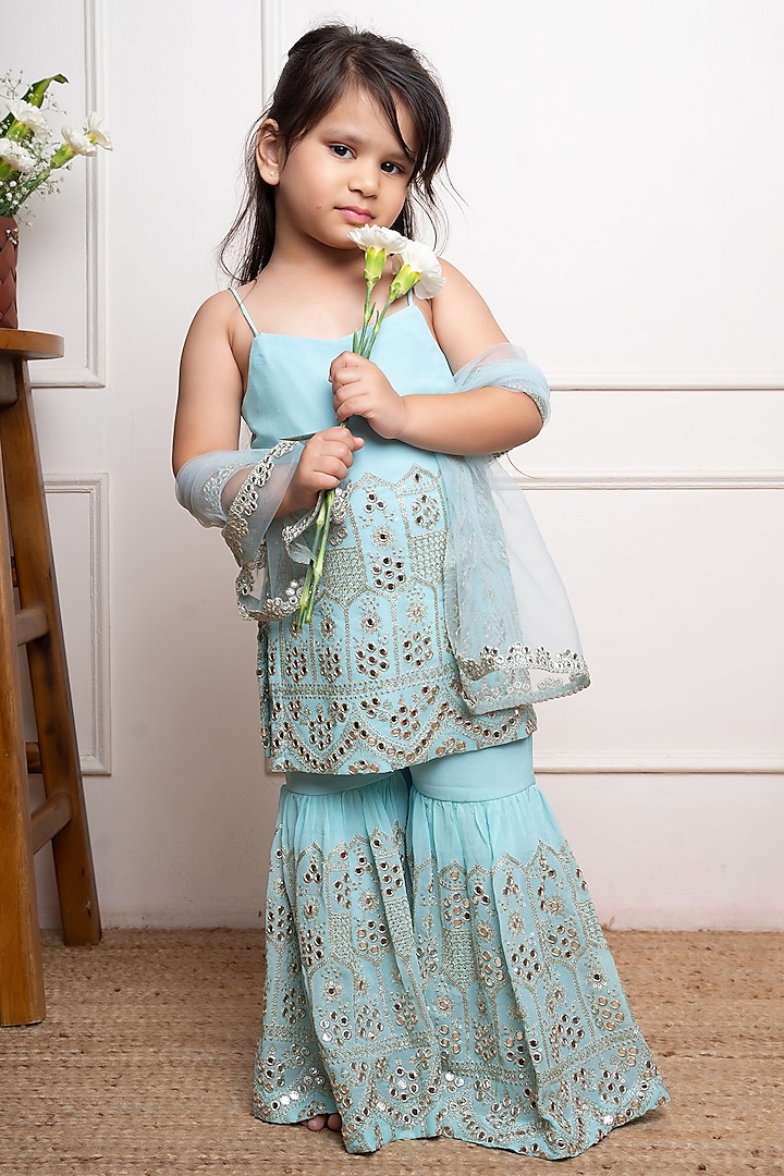 Aqua Blue Georgette & Net Embroidered Kurta Set For Girls by  Kirti Agarwal Pret n Couture at Pernia's Pop Up Shop