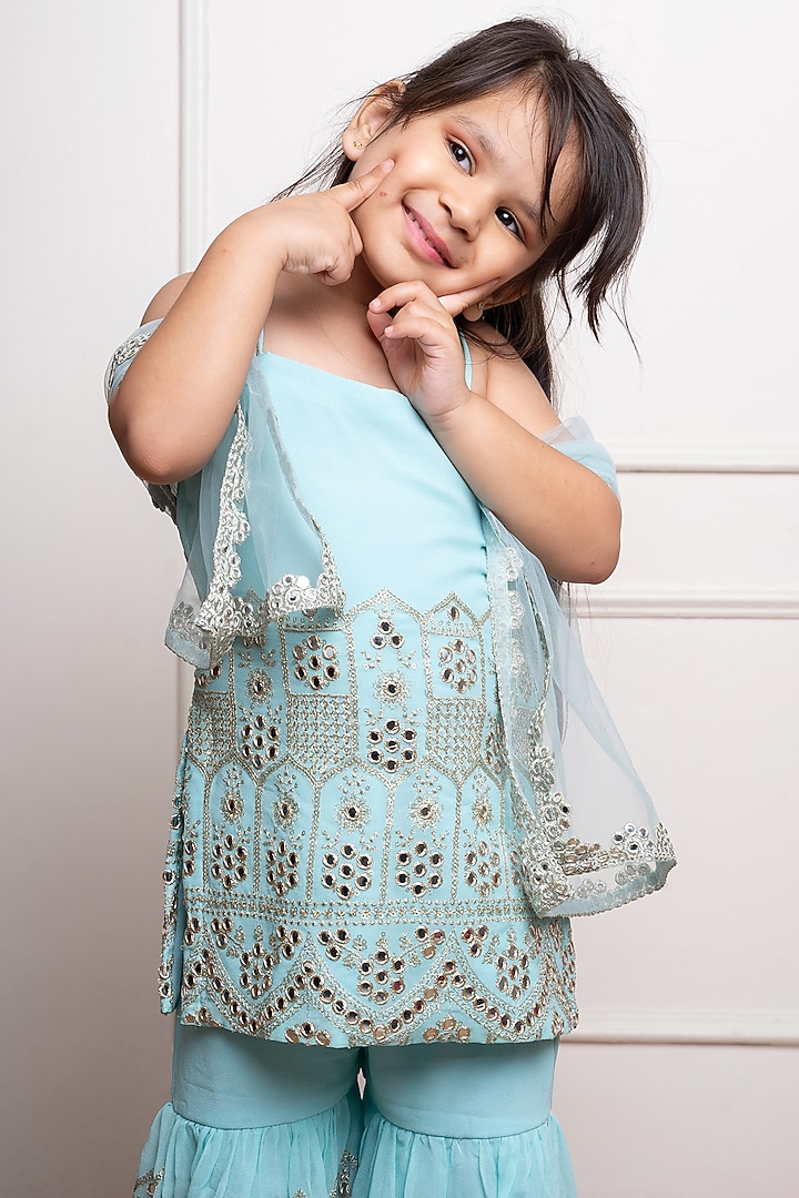 Aqua Blue Georgette & Net Embroidered Kurta Set For Girls by Kirti Agarwal Pret n Couture at Pernia's Pop Up Shop