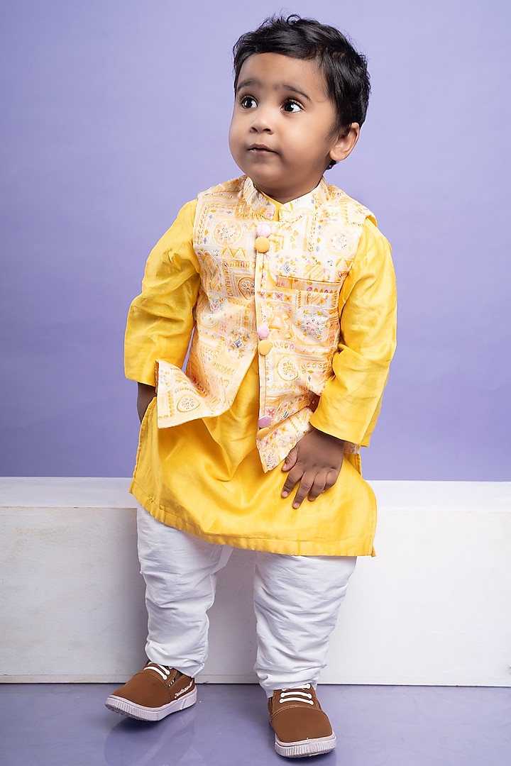 Soft Peach Silk & Cotton Silk Embroidered Jacket Set For Boys by Kirti Agarwal Pret n Couture