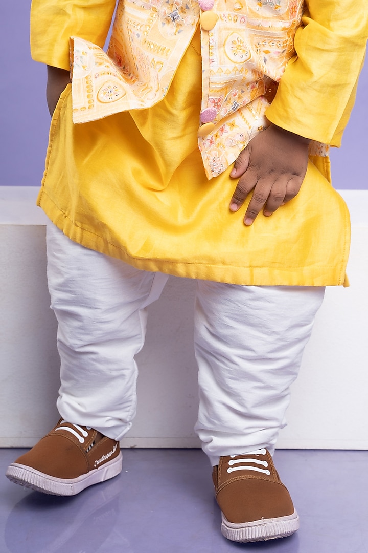 Soft Peach Silk & Cotton Silk Embroidered Jacket Set For Boys by Kirti Agarwal Pret n Couture at Pernia's Pop Up Shop