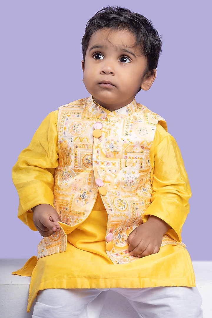 Soft Peach Silk & Cotton Silk Embroidered Jacket Set For Boys by Kirti Agarwal Pret n Couture at Pernia's Pop Up Shop
