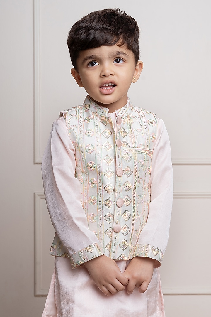 Ivory Satin Silk & Silk Embroidered Nehru Jacket Set by Kirti Agarwal Pret n Couture at Pernia's Pop Up Shop