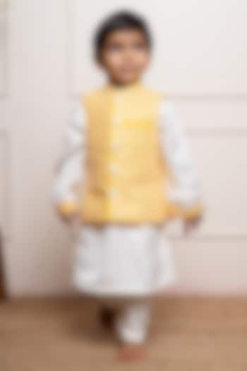 Yellow Satin Silk & Silk Embroidered Nehru Jacket Set For Boys by Kirti Agarwal Pret n Couture