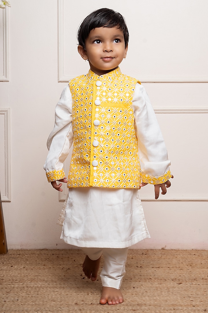 Yellow Satin Silk & Silk Embroidered Nehru Jacket Set For Boys by Kirti Agarwal Pret n Couture