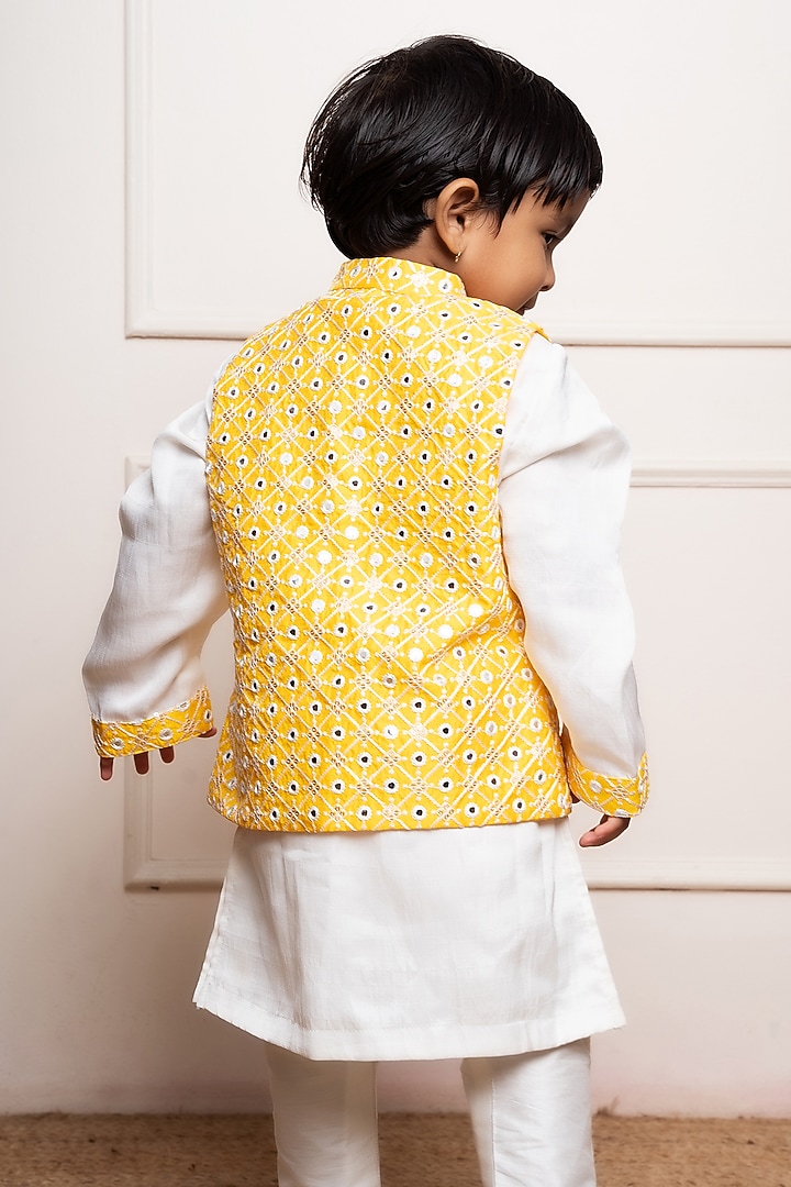 Yellow Satin Silk & Silk Embroidered Nehru Jacket Set For Boys by Kirti Agarwal Pret n Couture at Pernia's Pop Up Shop