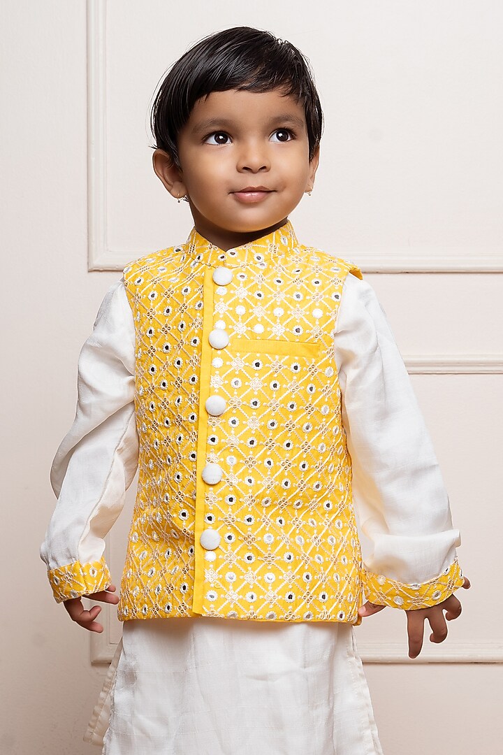 Yellow Satin Silk & Silk Embroidered Nehru Jacket Set For Boys by Kirti Agarwal Pret n Couture at Pernia's Pop Up Shop