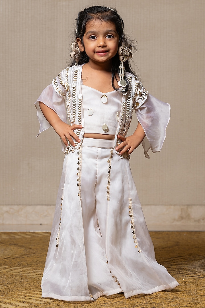 Off-White Viscose Organza Satin Metallic Embellished Jacket Set For Girls by Kirti Agarwal Pret n Couture at Pernia's Pop Up Shop