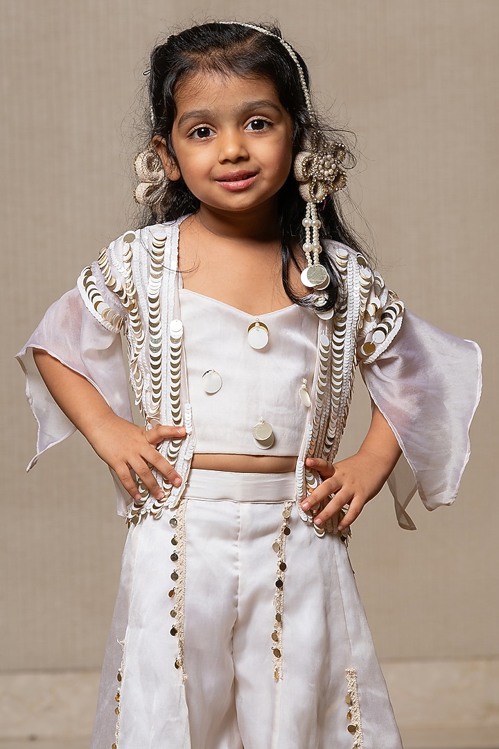 Off-White Viscose Organza Satin Metallic Embellished Jacket Set For Girls by Kirti Agarwal Pret n Couture at Pernia's Pop Up Shop