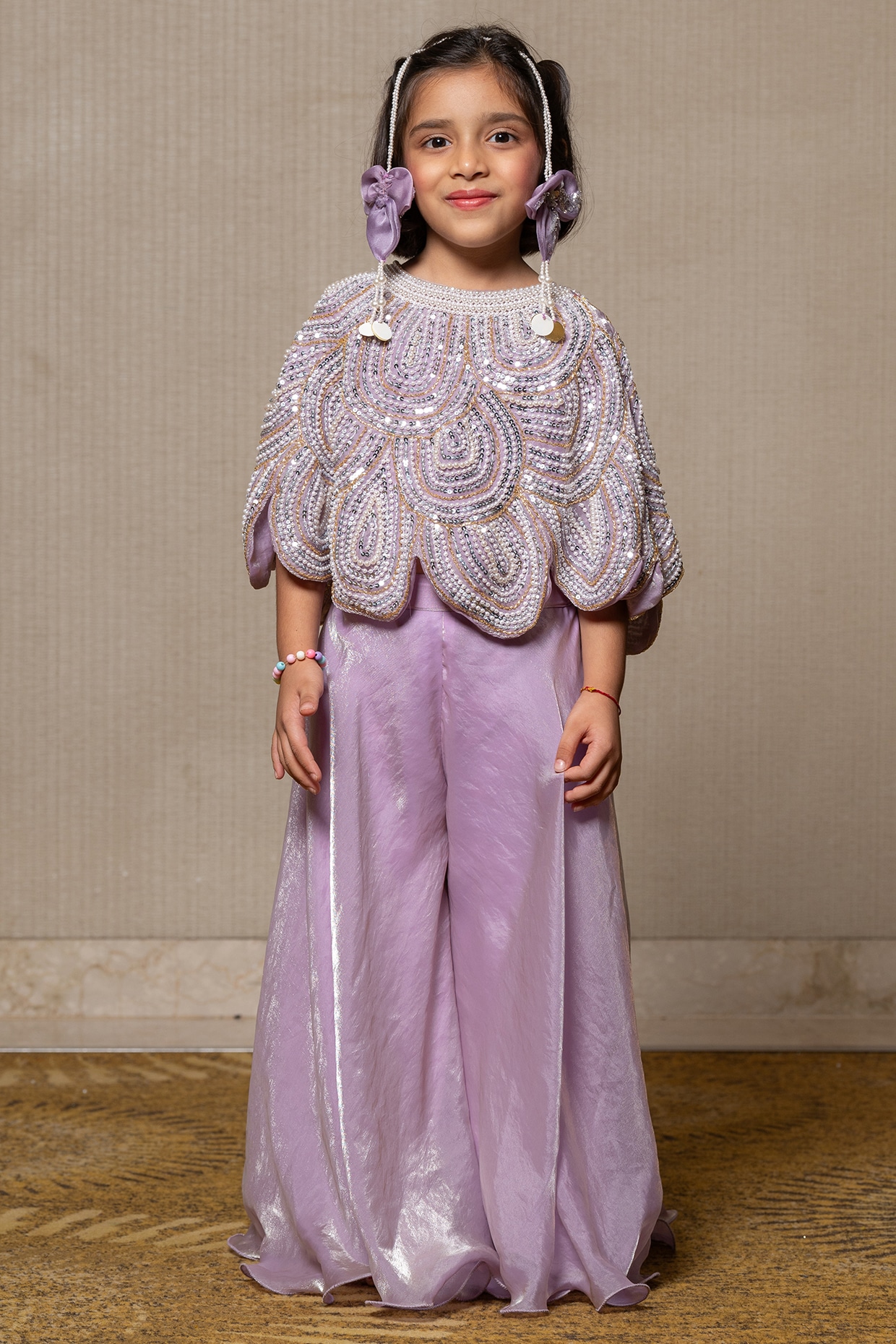 Lilac Pearl Embroidered Cape Set For Girls by Kirti Agarwal Pret n