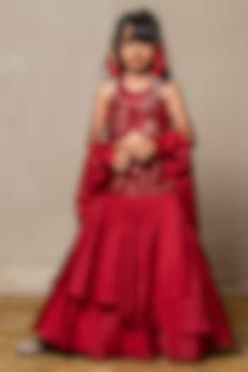 Red Satin Organza & Embroidered Net Layered Skirt Set For Girls by Kirti Agarwal Pret n Couture