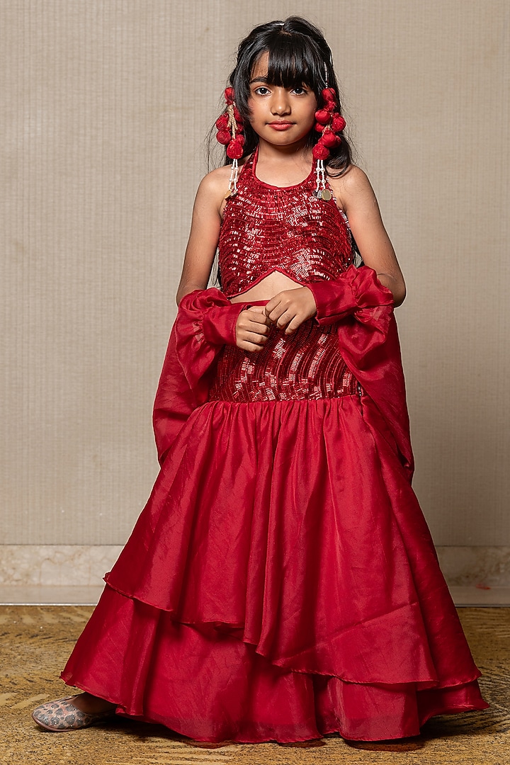 Red Satin Organza & Embroidered Net Layered Skirt Set For Girls by Kirti Agarwal Pret n Couture