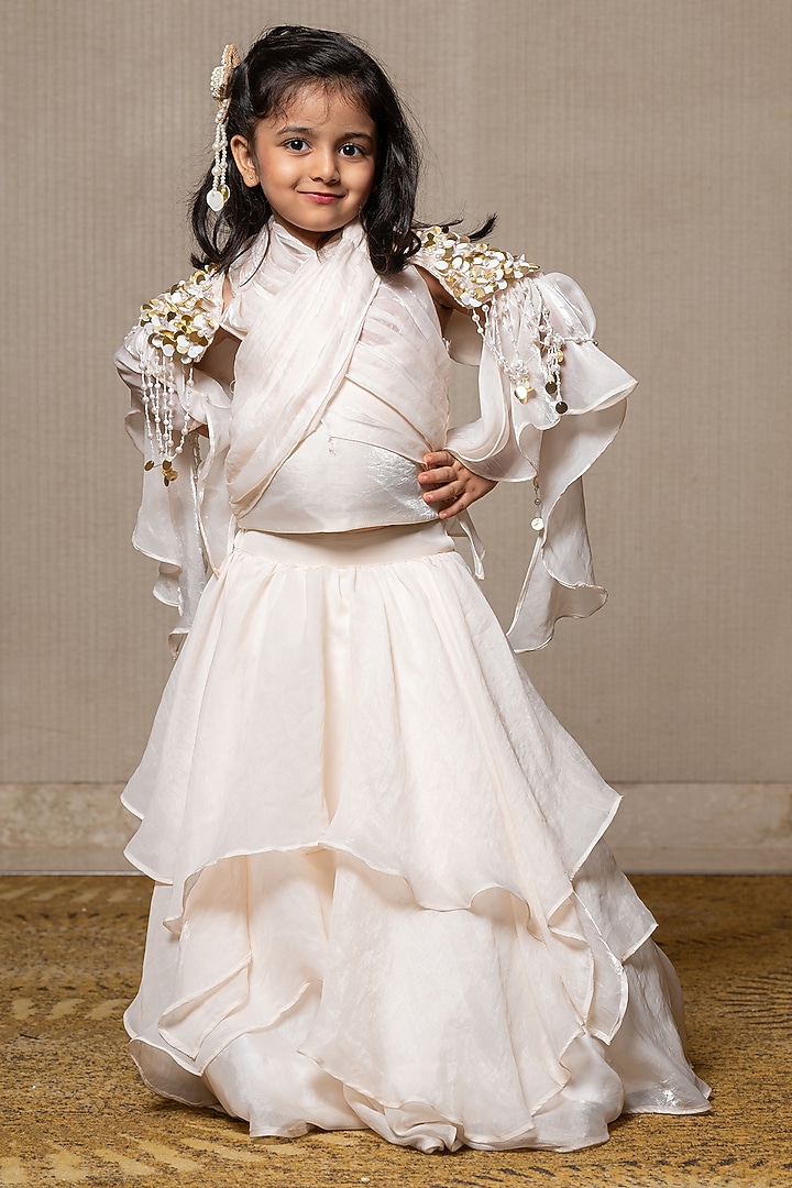 Off-White Satin Silk Hand Embroidered Cape Set For Girls by Kirti Agarwal Pret n Couture at Pernia's Pop Up Shop