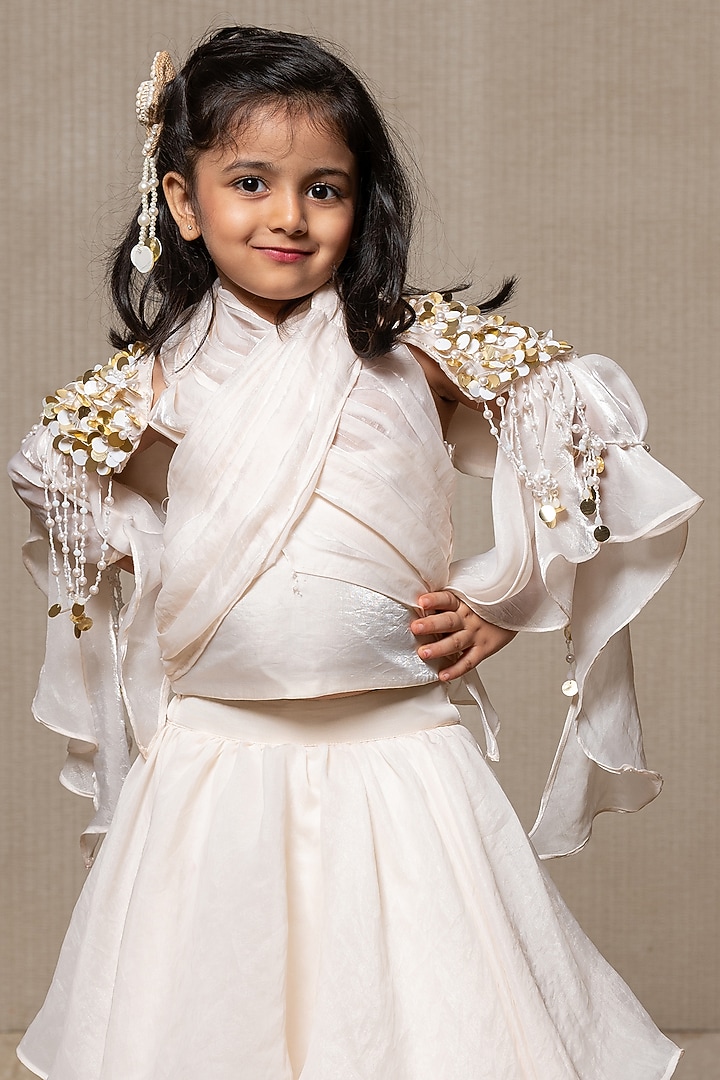 Off-White Satin Silk Hand Embroidered Cape Set For Girls by Kirti Agarwal Pret n Couture at Pernia's Pop Up Shop