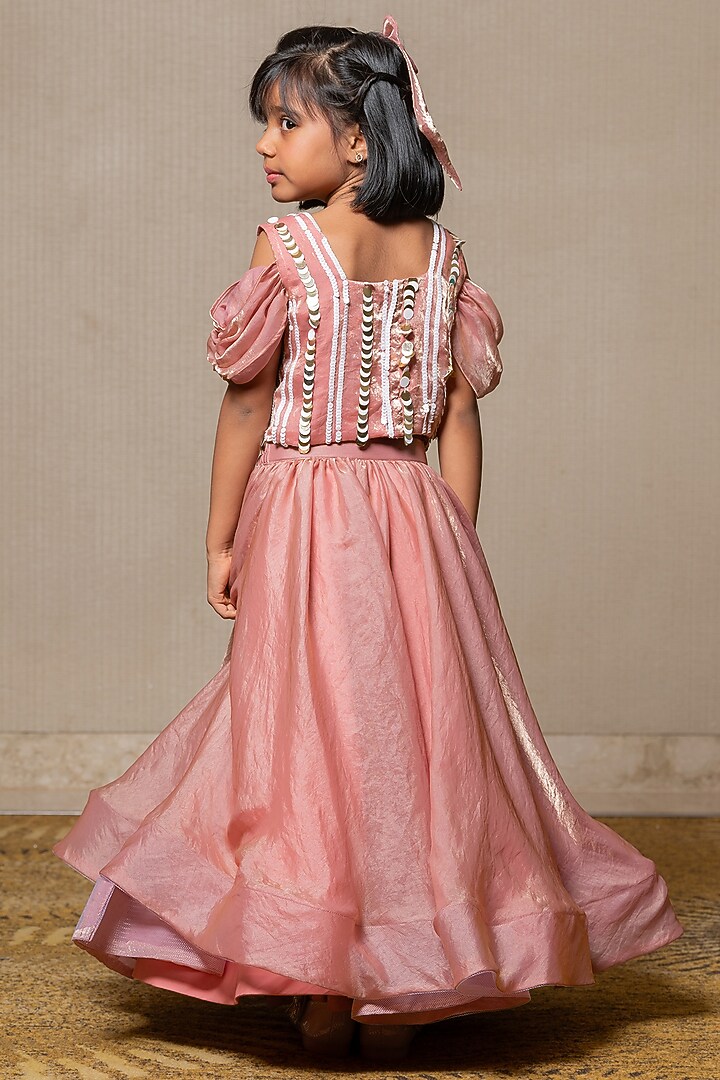 Carrot Pink Satin Silk Flared Lehenga Set For Girls by Kirti Agarwal Pret n Couture at Pernia's Pop Up Shop