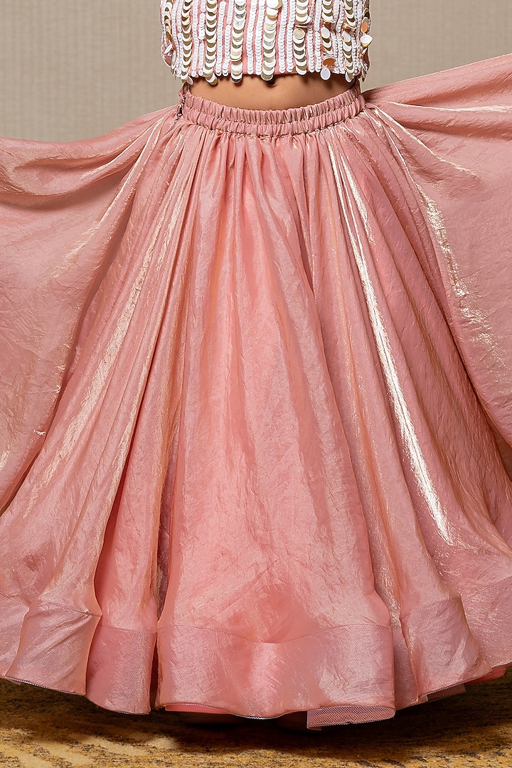 Carrot Pink Satin Silk Flared Lehenga Set For Girls by Kirti Agarwal Pret n Couture at Pernia's Pop Up Shop