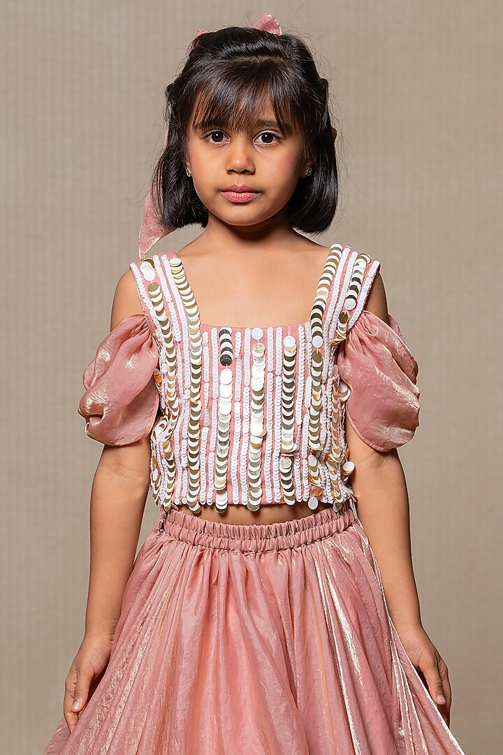 Carrot Pink Satin Silk Flared Lehenga Set For Girls by Kirti Agarwal Pret n Couture at Pernia's Pop Up Shop