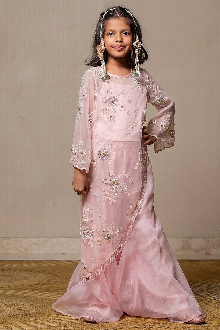 Pink Organza & Dola Silk Embroidered Kurta Set For Girls by Kirti Agarwal Pret n Couture at Pernia's Pop Up Shop