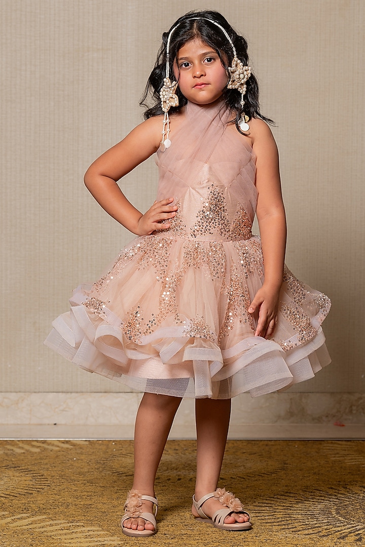 Beige Net & Art Silk Sequins Embroidered Dress For Girls by Kirti Agarwal Pret n Couture at Pernia's Pop Up Shop