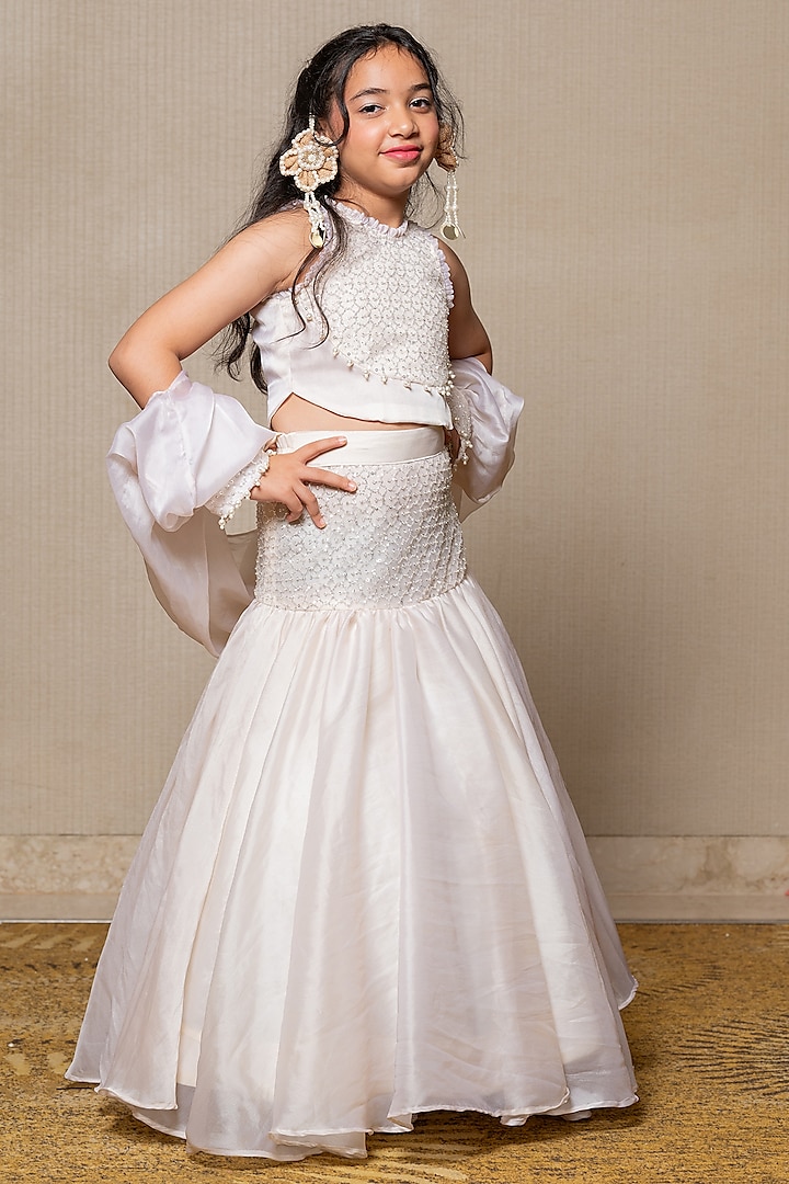 Off-White Organza Satin & Embroidered Net Lehenga Set For Girls by Kirti Agarwal Pret n Couture at Pernia's Pop Up Shop