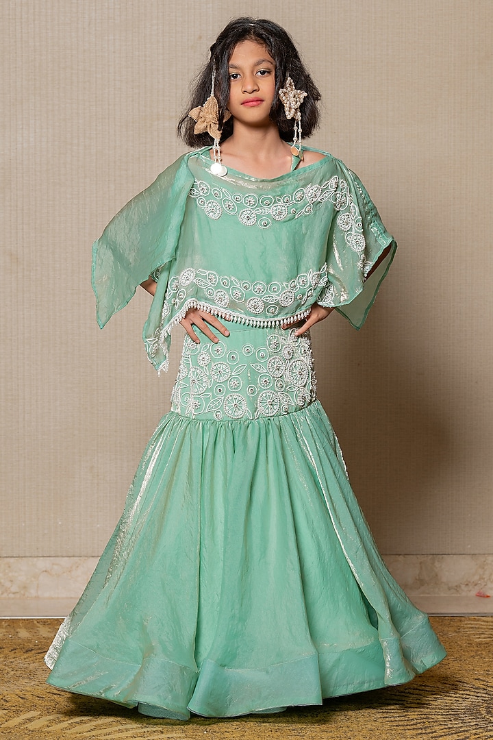 Mint Green Satin Silk Embroidered Cape Set For Girls by Kirti Agarwal Pret n Couture at Pernia's Pop Up Shop