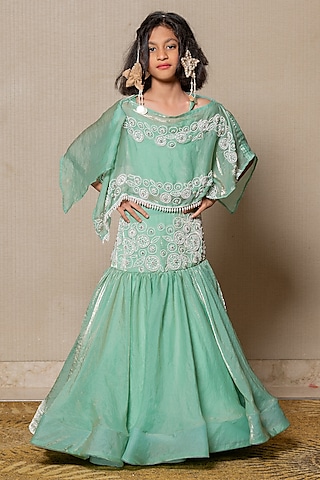 Mint Green Satin Silk Embroidered Cape Set For Girls by Kirti Agarwal Pret n Couture