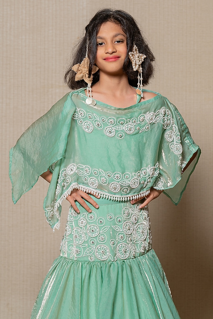 Mint Green Satin Silk Embroidered Cape Set For Girls by Kirti Agarwal Pret n Couture at Pernia's Pop Up Shop