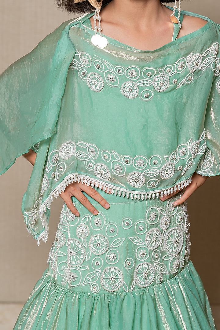 Mint Green Satin Silk Embroidered Cape Set For Girls by Kirti Agarwal Pret n Couture at Pernia's Pop Up Shop