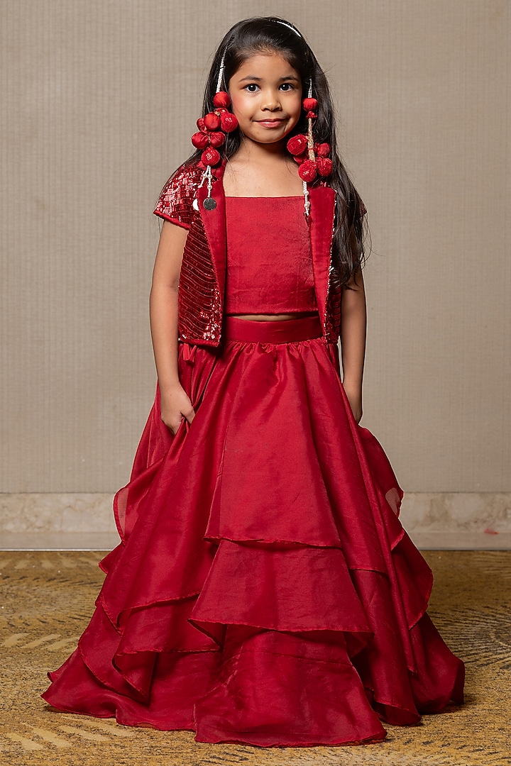 Red Organza Satin & Embroidered Net Jacket Set For Girls by Kirti Agarwal Pret n Couture at Pernia's Pop Up Shop