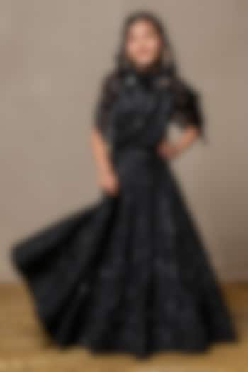 Black Satin Silk & Embroidered Net Cape Set For Girls by Kirti Agarwal Pret n Couture at Pernia's Pop Up Shop