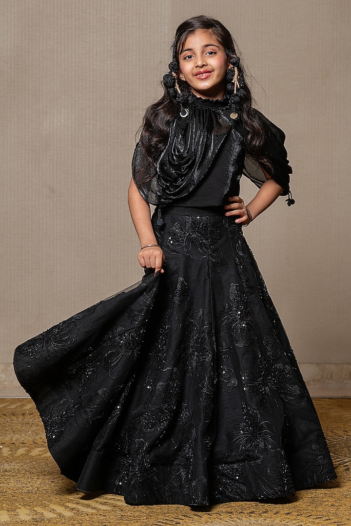 Black Satin Silk & Embroidered Net Cape Set For Girls by Kirti Agarwal Pret n Couture at Pernia's Pop Up Shop