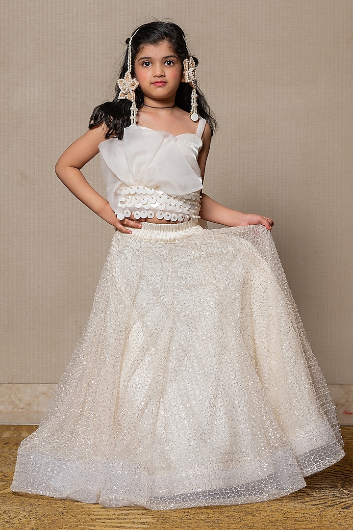 Off-White Organza & Art Silk Embroidered Lehenga Set For Girls by Kirti Agarwal Pret n Couture at Pernia's Pop Up Shop