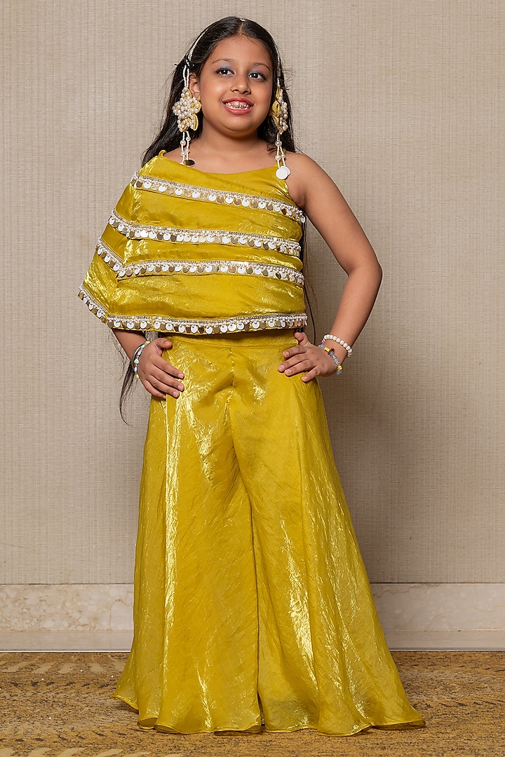 Golden Yellow Satin Silk Embroidered Cape Set For Girls by Kirti Agarwal Pret n Couture at Pernia's Pop Up Shop