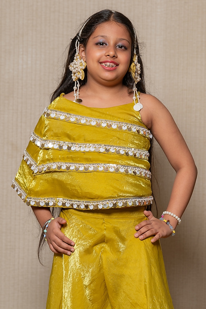 Golden Yellow Satin Silk Embroidered Cape Set For Girls by Kirti Agarwal Pret n Couture at Pernia's Pop Up Shop