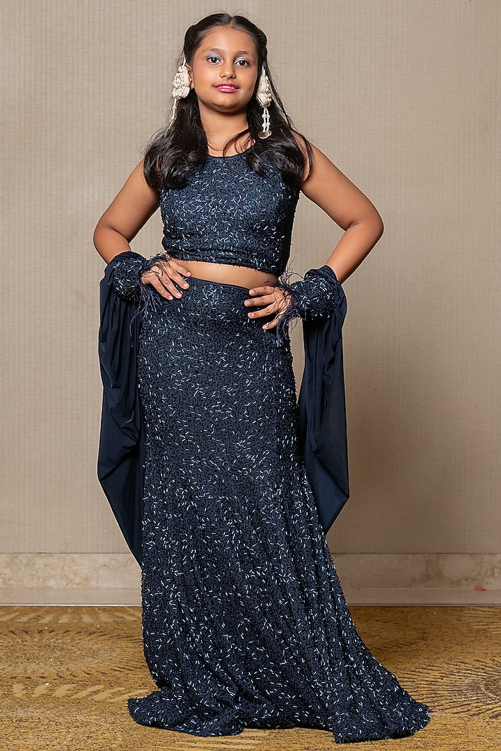 Navy Blue Embroidered Net & Stretchy Net Embroidered Lehenga Set For Girls by Kirti Agarwal Pret n Couture at Pernia's Pop Up Shop