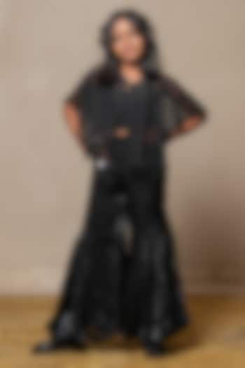 Black Satin Silk & Net Embroidered Cape Set For Girls by Kirti Agarwal Pret n Couture at Pernia's Pop Up Shop