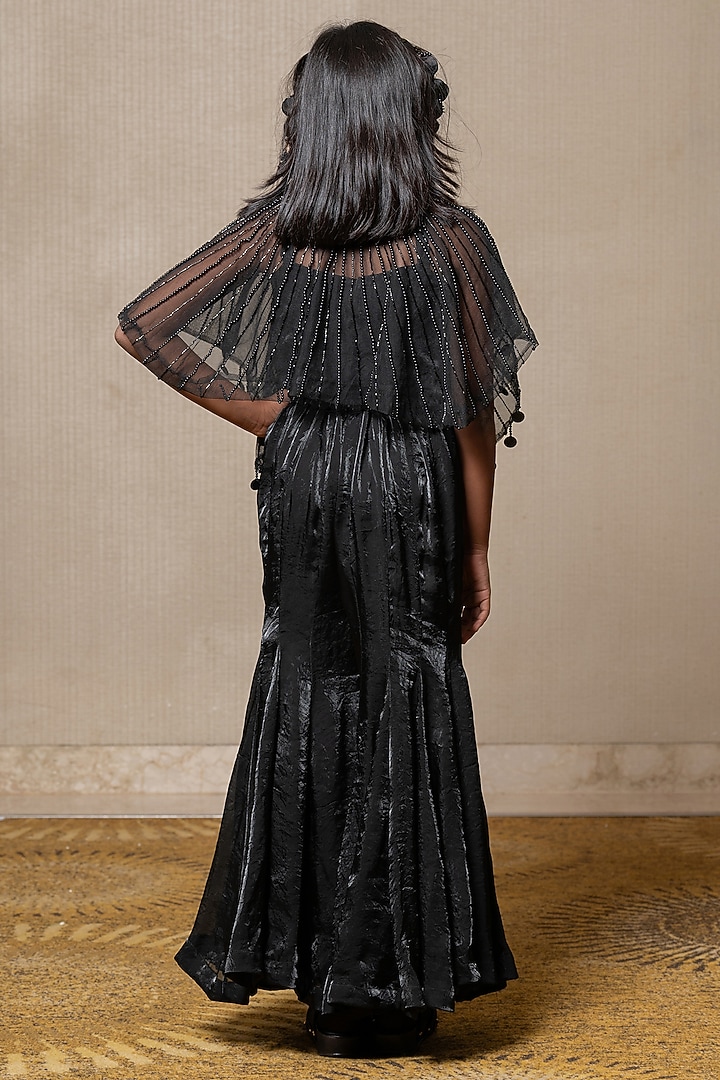 Black Satin Silk & Net Embroidered Cape Set For Girls by Kirti Agarwal Pret n Couture at Pernia's Pop Up Shop