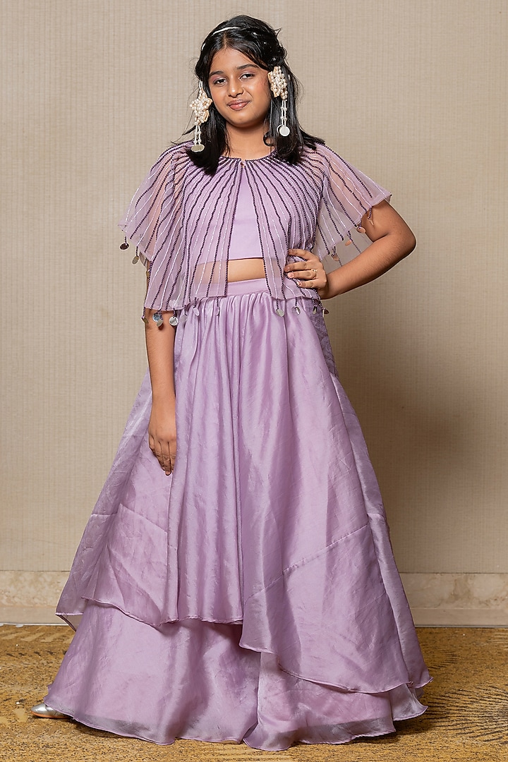 Lavender Satin Organza & Net Embroidered Cape Set For Girls by Kirti Agarwal Pret n Couture at Pernia's Pop Up Shop