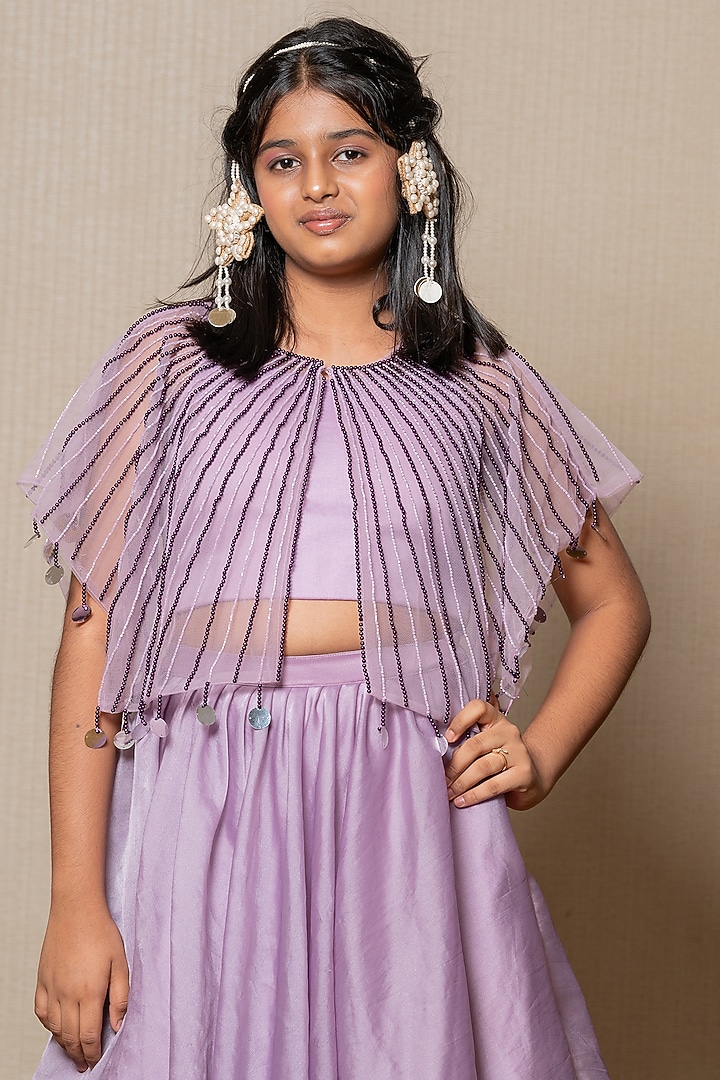 Lavender Satin Organza & Net Embroidered Cape Set For Girls by Kirti Agarwal Pret n Couture at Pernia's Pop Up Shop