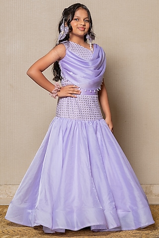Lilac Organza Satin & Net Embroidered Lehenga Set For Girls by Kirti Agarwal Pret n Couture