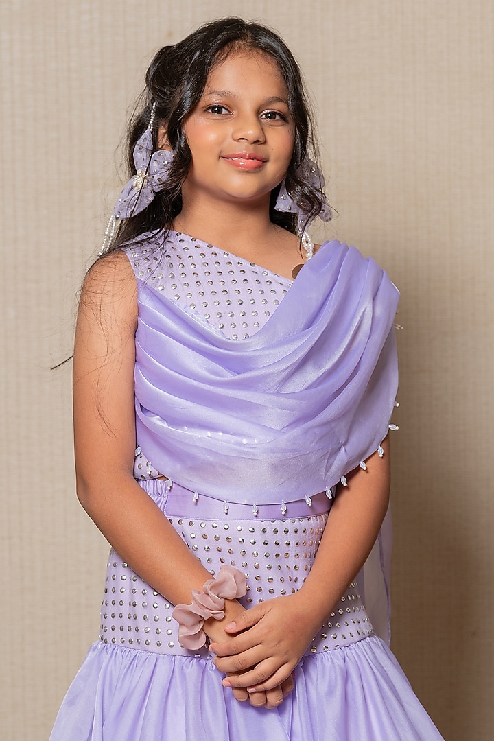 Lilac Organza Satin & Net Embroidered Lehenga Set For Girls by Kirti Agarwal Pret n Couture at Pernia's Pop Up Shop